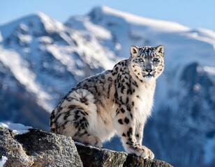 Obraz premium Snow leopard perched on a rocky ledge, surrounded by a snowy mountain range, blending perfectly with the frost