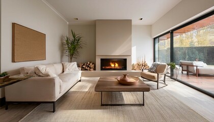a modern living room featuring an elegant fireplace with neutral tones and soft lighting creating a tranquil atmosphere ideal for home decor ads interior design brochures lifestyle magazines