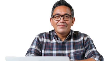 Mexican middle age male Employee IT specialist sit at work with laptop on white background



