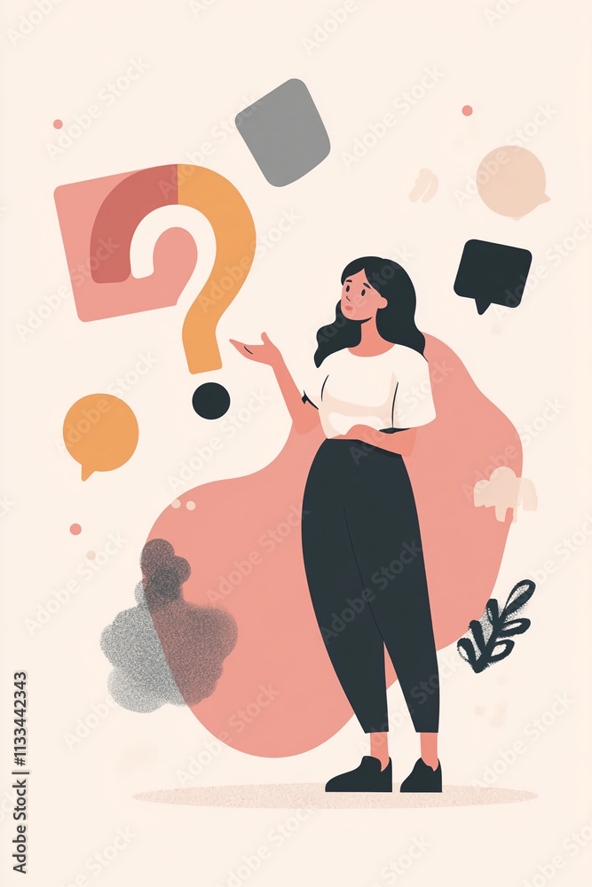 Poster woman pondering questions with colorful speech bubbles and abstract shapes in a minimalist design