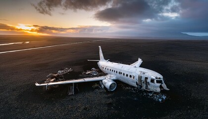damaged debris of an airplane abandoned ruins risks of aviation aerial shot of a plane crash in a deserted field tragic accident involving aircraft failed landing engine failure incident