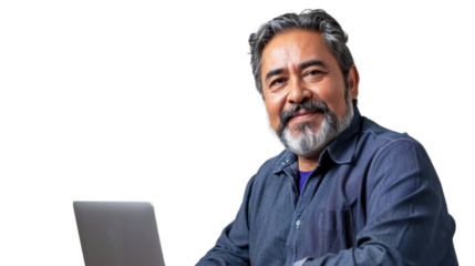 Mexican middle age male Employee IT specialist sit at work with laptop on white background


