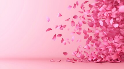 Fototapeta premium Pink flowers are falling from the sky. The flowers are pink and scattered all over the image. The flowers are falling in different directions and are not in a specific pattern