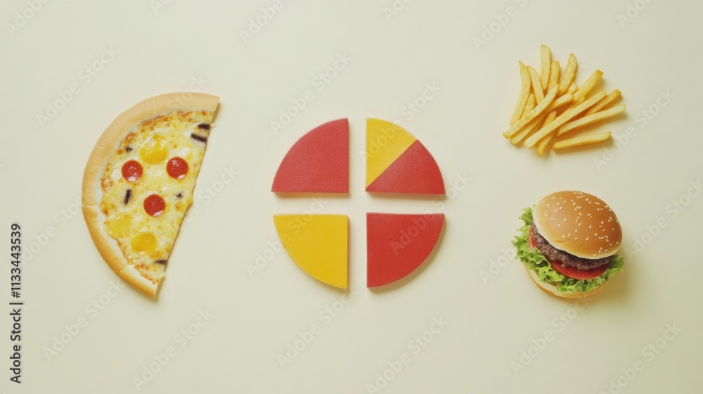 Poster bright abstract representations of food items including burgers, pizza slices, and fries arranged ne