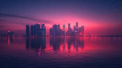 Fototapeta premium A vibrant city skyline at dusk reflected in calm waters, creating a serene atmosphere.