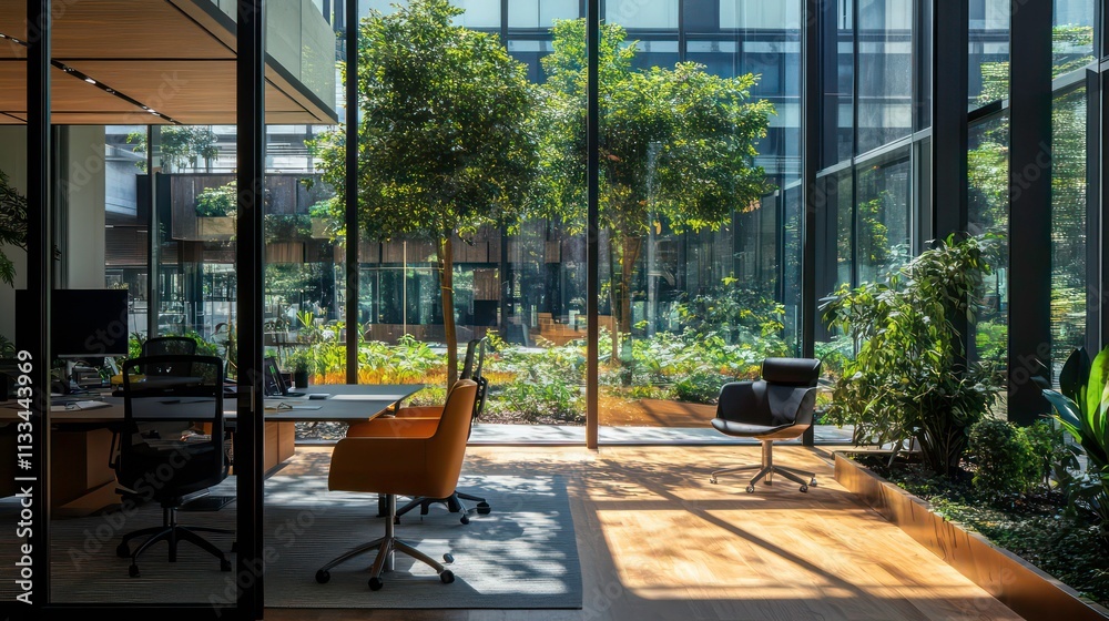 Aufkleber a peaceful workspace with a tree-lined courtyard visible through the glass walls.