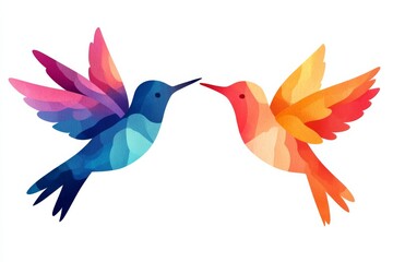 Obraz premium Two birds with colorful wings are flying together. One bird is blue and the other is orange. They are close to each other and appear to be enjoying their time together