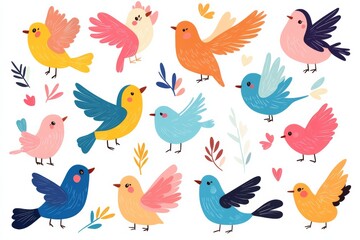 Obraz premium Set of colorful birds with leaves and hearts. Some are blue, some are yellow, and some are pink