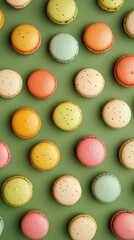 Obraz premium Colorful macarons arranged on a green background showcasing various pastel shades