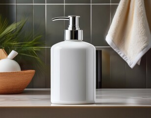 Fototapeta premium white empty cosmetic liquid dispenser bottle of soap lotion shampoo or shower gel mock up isolated in modern bathroom interior