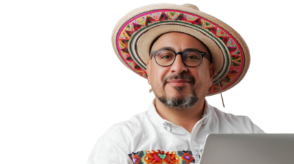 Mexican middle age male Employee IT specialist sit at work with laptop on white background
