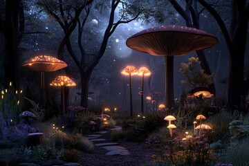 Enchanted forest with bioluminescent mushrooms under a starry night sky