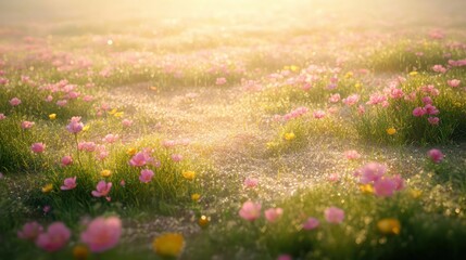 Obraz premium An expansive field with patches of pink and yellow wildflowers, with soft sunlight illuminating the dew-covered grass.