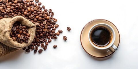 cup coffee next burlap sack full coffee beans spilled on table, roast black long coffee instant light Italian