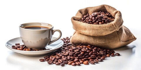 cup coffee on saucer sack full coffee beans on white background, Coffee maker pot roaster grinder