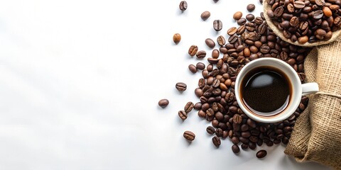 cup coffee on white background coffee beans scattered around, cortado lungo americano white flat