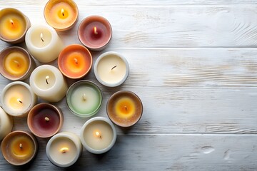 colorful burning candles on wooden background, indoors home illumination light