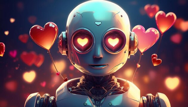 robot with heart eyes embracing the magic of love perfect for concepts of artificial intelligence affection and emotional technology