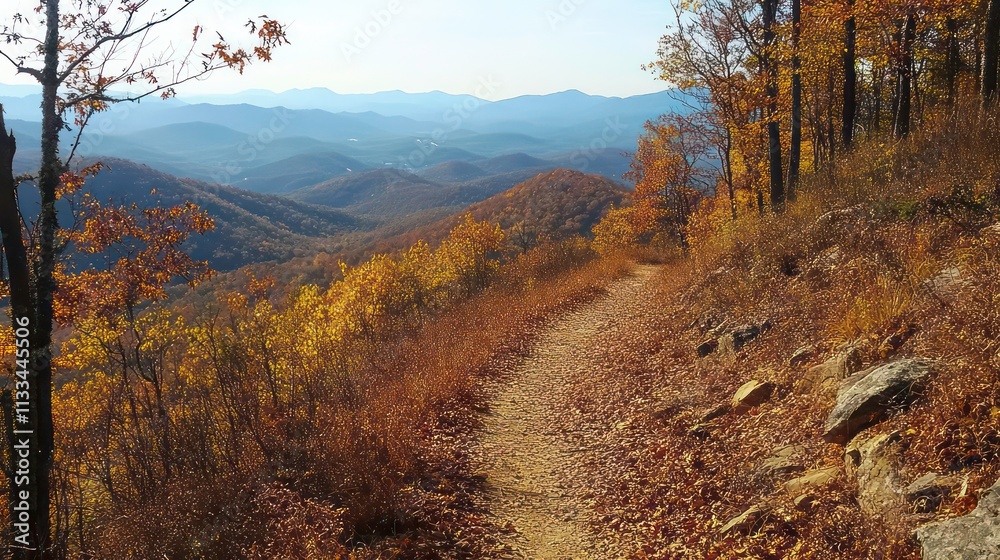 Poster a peaceful mountain trail covered in autumn leaves with distant rolling hills in the background.