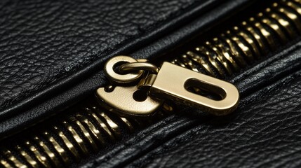 Golden zipper on textured leather surface in close-up view. Fashion and craftsmanship