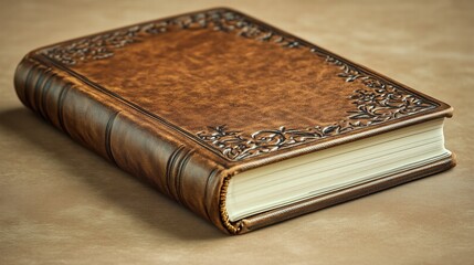 Obraz premium Vintage leather-bound book with embossed cover on neutral surface. Elegance and tradition