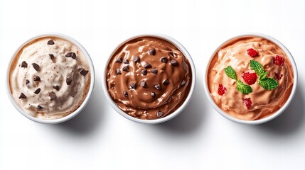 Fototapeta premium Three delicious bowls of ice cream featuring chocolate chip, chocolate, and strawberry flavors with fresh toppings.