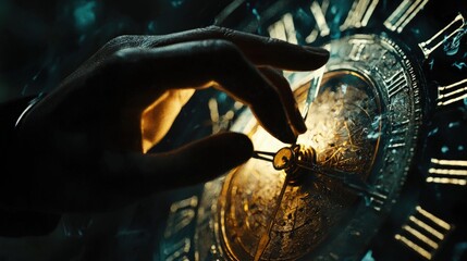 Hand adjusting ornate clock mechanism, time concept.
