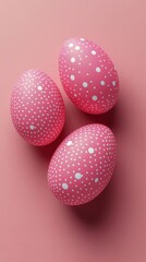 Colorful pink Easter eggs with white dots arranged on a soft pink background