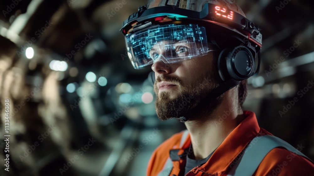 Aufkleber A miner wearing a high-tech helmet with augmented reality features analyzes gemstone deposits deep within an underground tunnel.
