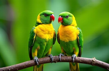 Fototapeta premium A pair of lovebirds perched on a branch, vibrant green and yellow feathers with soft details, natural light illuminating their colors, blurred tropical foliage in the background