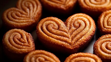 Fototapeta premium Delicious heart-shaped pastries with intricate cinnamon patterns, perfect for a sweet treat or celebration.