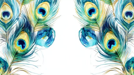 Obraz premium A stunning watercolor illustration of vibrant peacock feathers arranged symmetrically on a white background. The artwork emphasizes elegance and colorful detail, ideal for creative projects.. AI