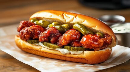 Deliciously Spicy Fried Chicken Sandwich with Pickles and Sliced Jalapeños on a Soft Toasted Bun Arranged on a Rustic Wooden Table Setting