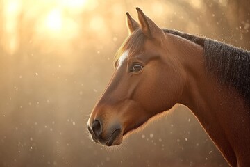Majestic brown horse stands gracefully against a golden sunset backdrop with gentle sunlight illuminating its profile