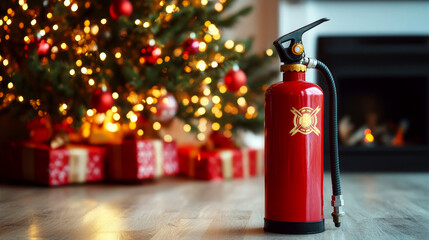 Fire extinguisher on floor near decorated holiday tree with glowing lights. Concept of safety during festive season. For fire safety awareness.