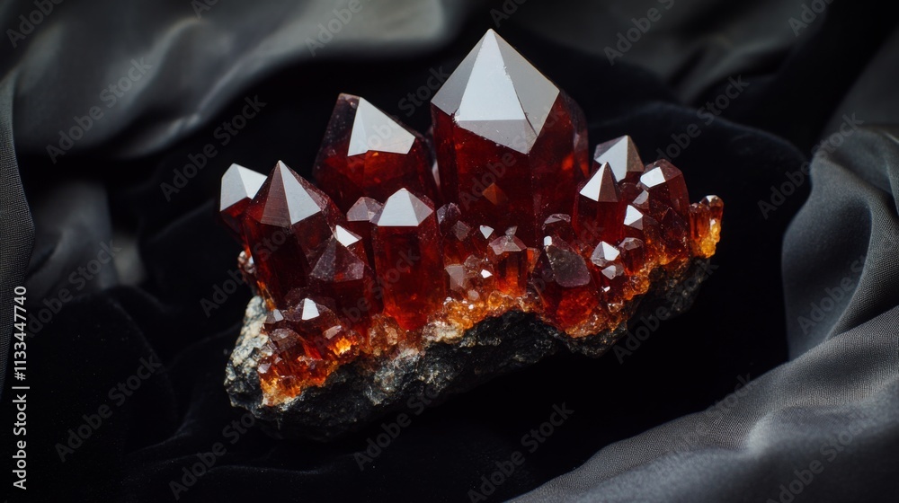 Fototapete A stunning collection of ai gemstones is displayed on a dark fabric surface. The crystals exhibit striking red colors and sharp geometric shapes, creating a captivating natural artwork.