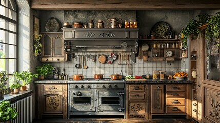 Rustic kitchen interior with vintage appliances and wooden cabinets.