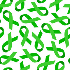 Seamless pattern with Green Awareness ribbon. Awareness for Glaucoma, Organ Donation, Liver Cancer, Scoliosis, lymphoma, Gallbladder and bile duct, mental health. Flat illustration