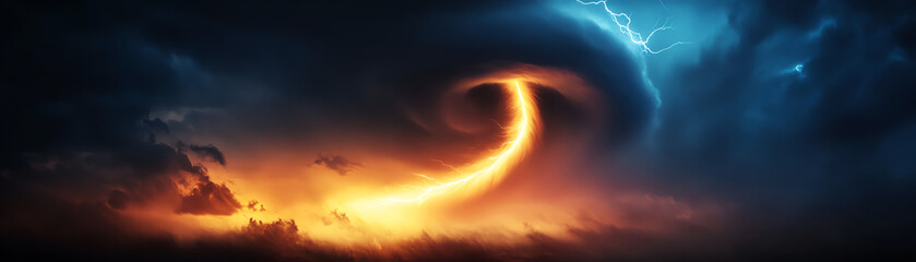 Fototapeta premium A dramatic swirl of clouds, illuminated by fiery colors, showcasing nature's power.