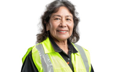 Mexican middle age female smiling in yellow warning vest safety on white background