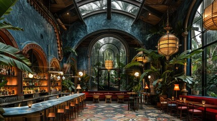 Fototapeta premium A vibrant restaurant interior featuring lush plants and elegant decor.