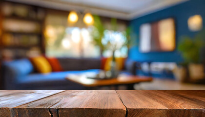 Image of a room with blurred background through a table. Room background with bokeh effect.