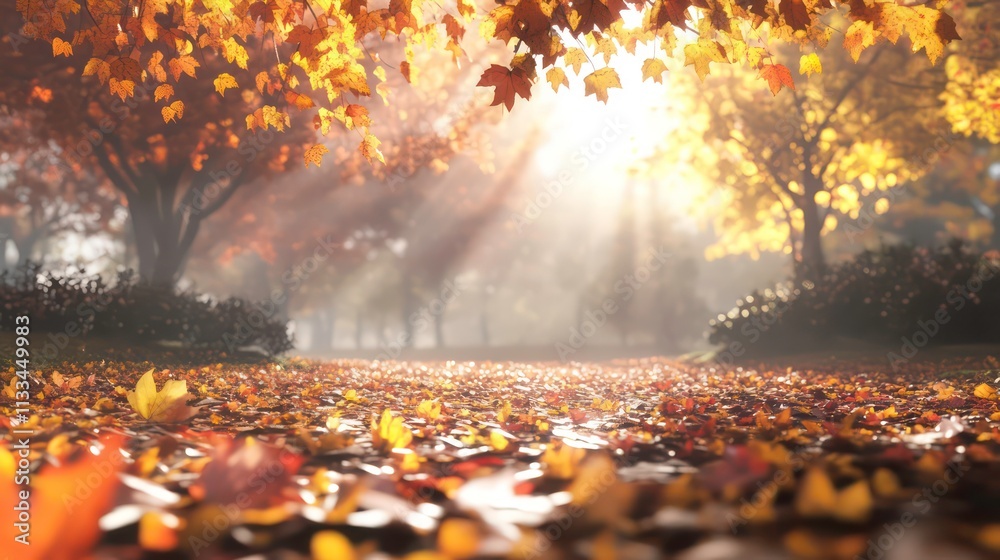 Poster a peaceful autumn landscape with fallen leaves scattered across the ground and soft sunlight filteri