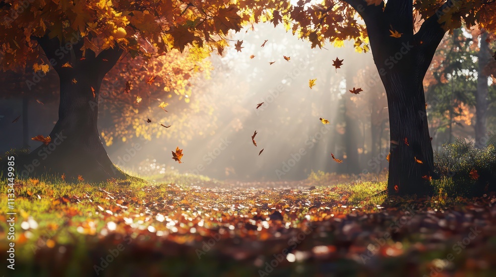 Poster a peaceful autumn landscape with fallen leaves scattered across the ground and soft sunlight filteri