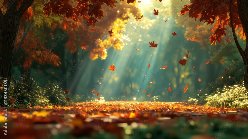 Poster sunbeams illuminate a path strewn with autumn leaves in a vibrant forest.