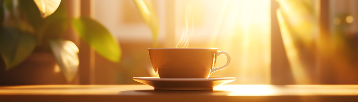 A warm cup of coffee steaming in the soft morning sunlight.