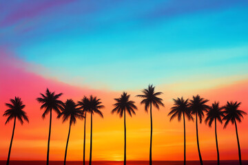 Vibrant sunset with palm trees silhouetted against a colorful sky.
