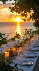 Elegant outdoor dinner setup by the ocean during a stunning sunset in a tropical location