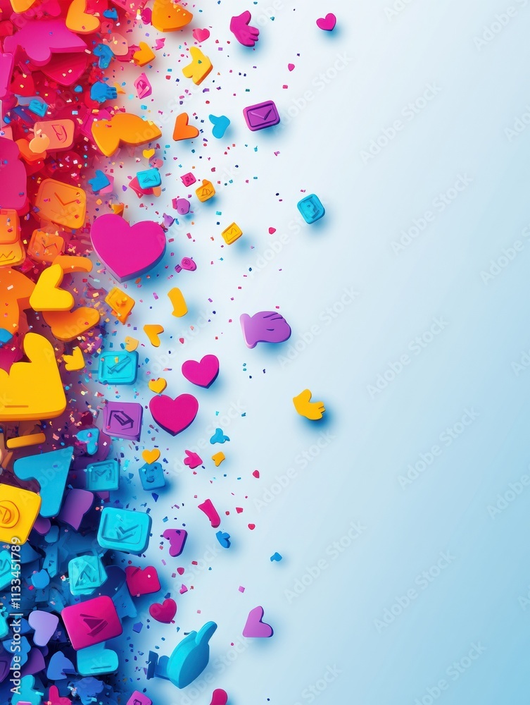 Poster a collection of colorful like and hashtag icons seemingly drifting on a bright backdrop, showcasing 