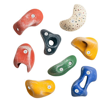 Set of grips different colors and shapes for climbing wall isolated or on white background. Set collection of various artificial climbing holds with clipping path. bouldering extreme sport	
